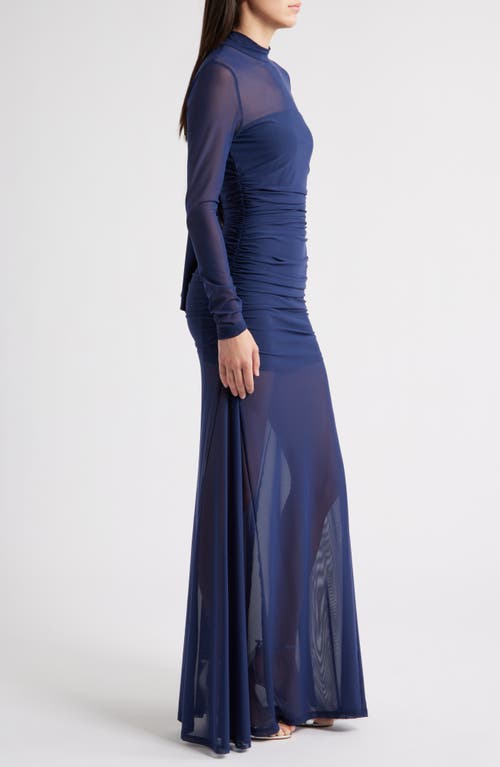 Black Halo Elvira Long Sleeve Gathered Mesh Evening Gown In Blue