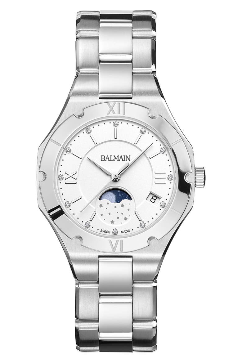 Be Balmain Diamond Moon Phase Bracelet Watch, 33mm, Main, color, STAINLESS STEEL