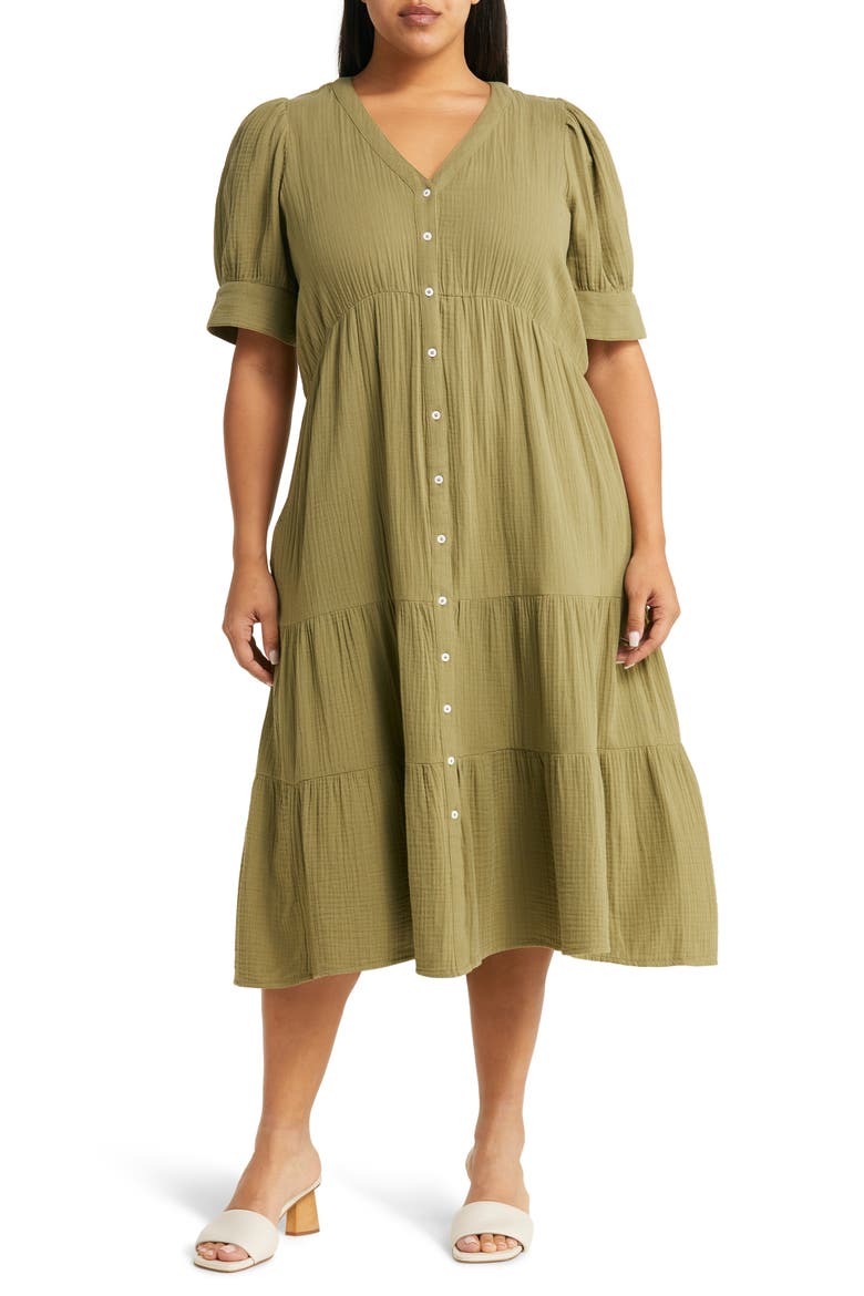 Lightspun Tiered Button Front Midi Dress, Main, color, TUNDRA