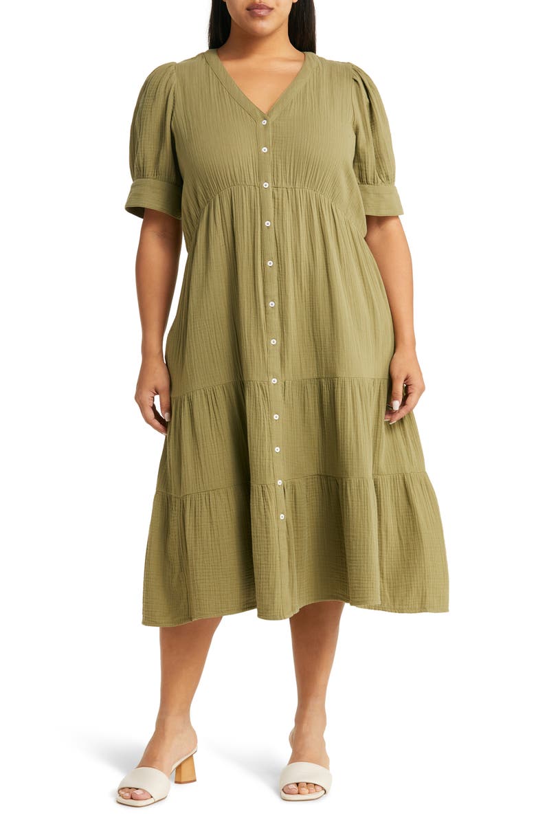 Madewell Lightspun Tiered Button Front Midi Dress, Main, color, Tundra