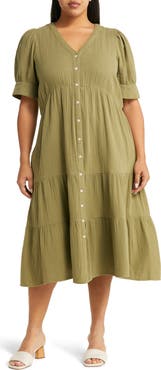 Madewell Lightspun Tiered Button Front Midi Dress