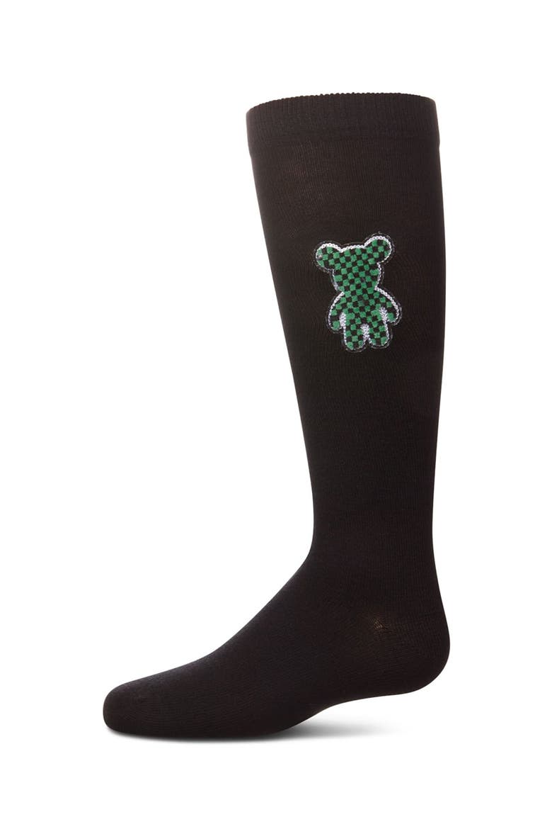 Boxed Bear Patch Knee High Socks, Main, color, Black