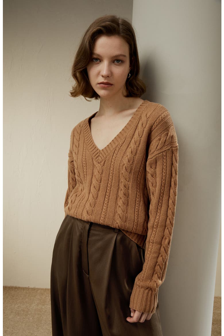 Cable-Knit Wool-Cashmere Blend Sweater, Alternate, color, Toffee