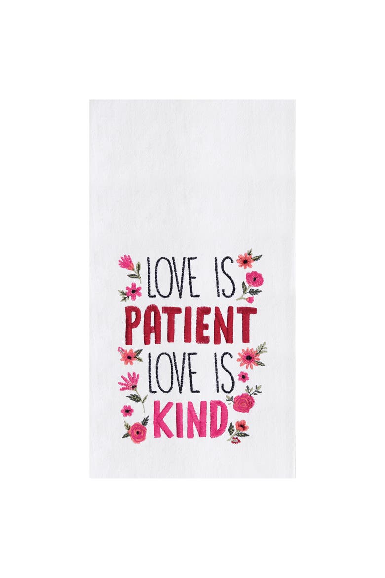 "Love Is Patient & Kind" Flowers Embroidered 100% Cotton Flour Sack Dishtowel, Main, color, red