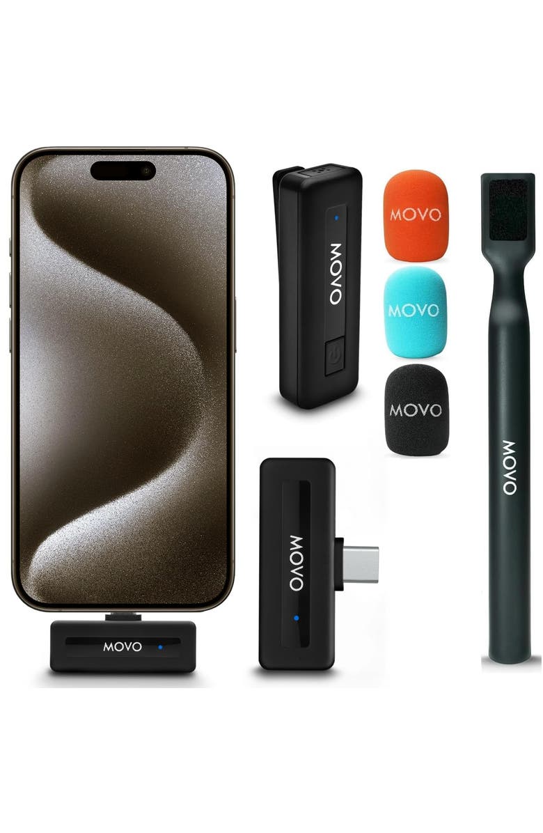 MOVO Wireless Mini UC Ultra Compact Wireless Lavalier Microphone for iPhone 15 and up with WMX-HM Handheld Adapter, Main, color, Black