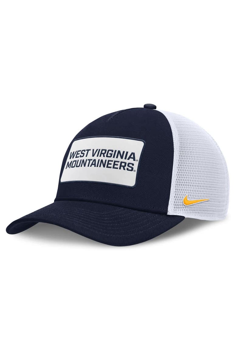 Men's Nike Navy/White West Virginia Mountaineers 2025 On-Field Rise Patch Trucker Adjustable Hat, Main, color, Navy