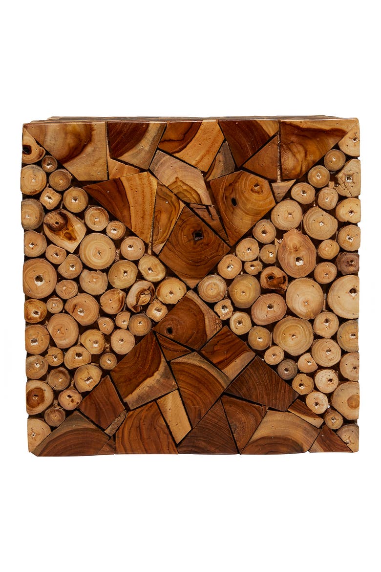 Brown Teak Wood Handmade Accent Table with Mosaic Wood Chip Design, Alternate, color, BROWN