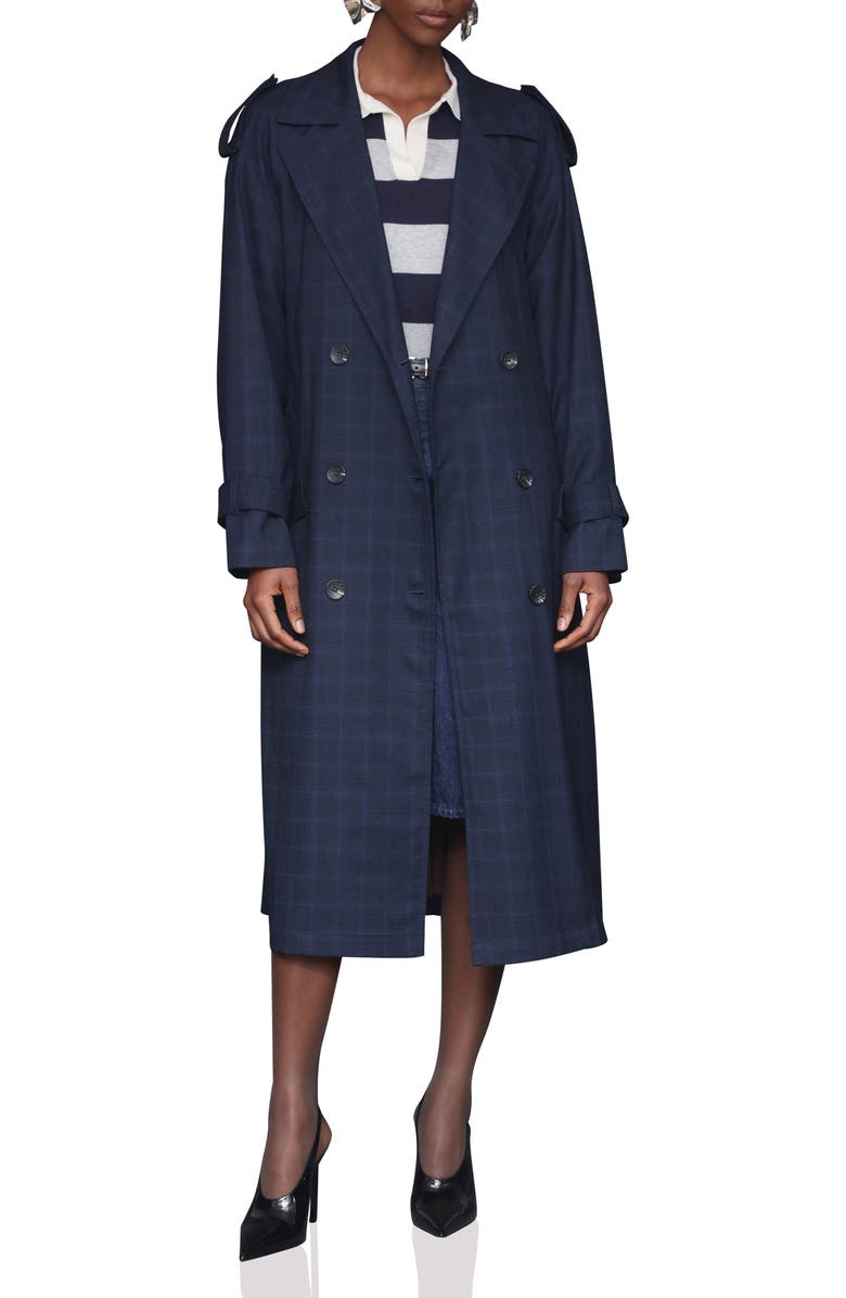 Avec Les Filles Plaid Double Breasted Belted Trench Coat, Alternate, color, Midnight Plaid