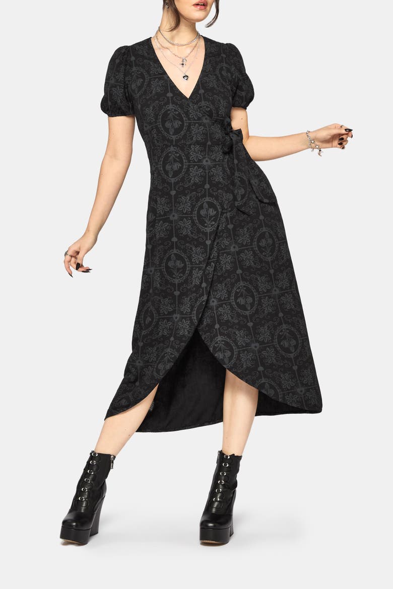 Cameo Floral Printed Wrap Dress, Main, color, Black