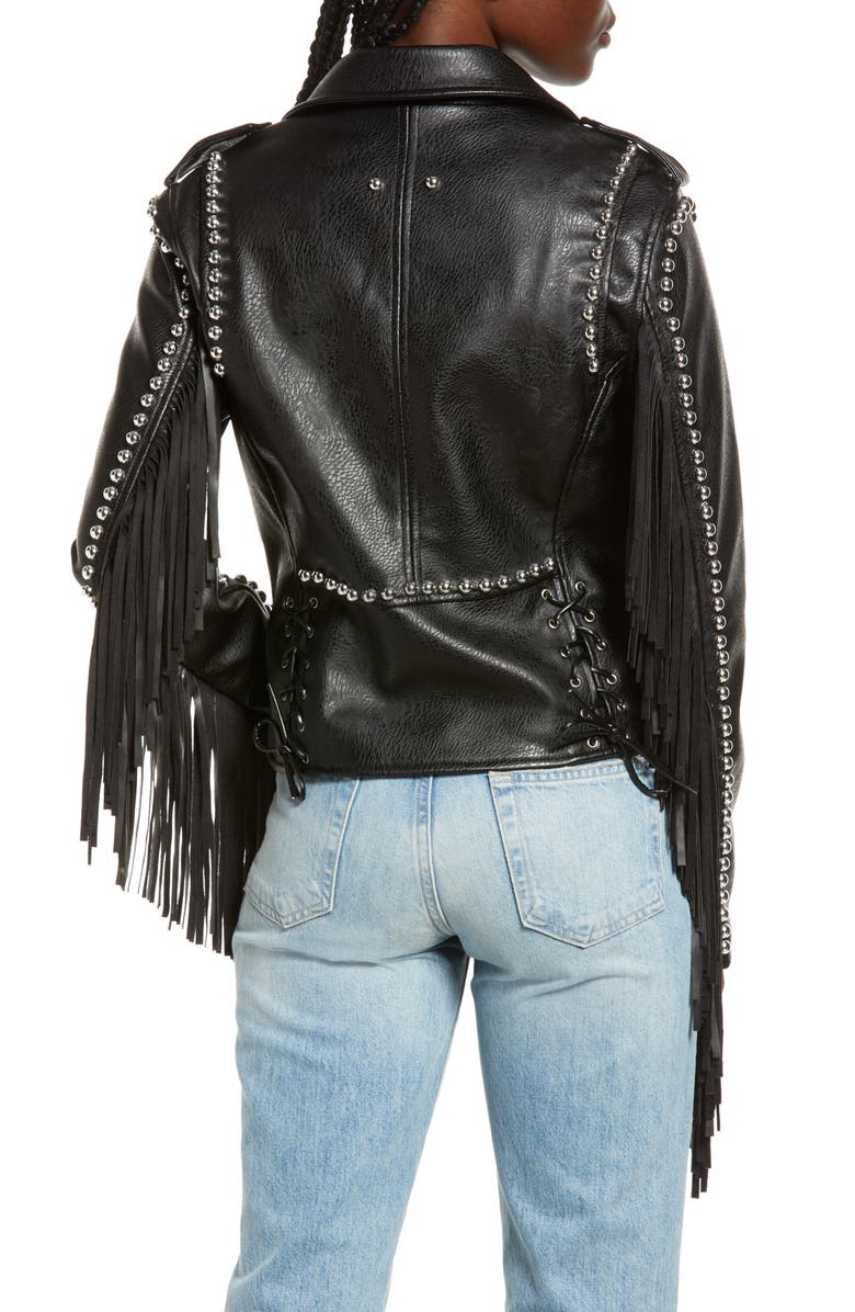 AZALEA WANG Fringe Faux Leather Moto Jacket, Alternate, color,