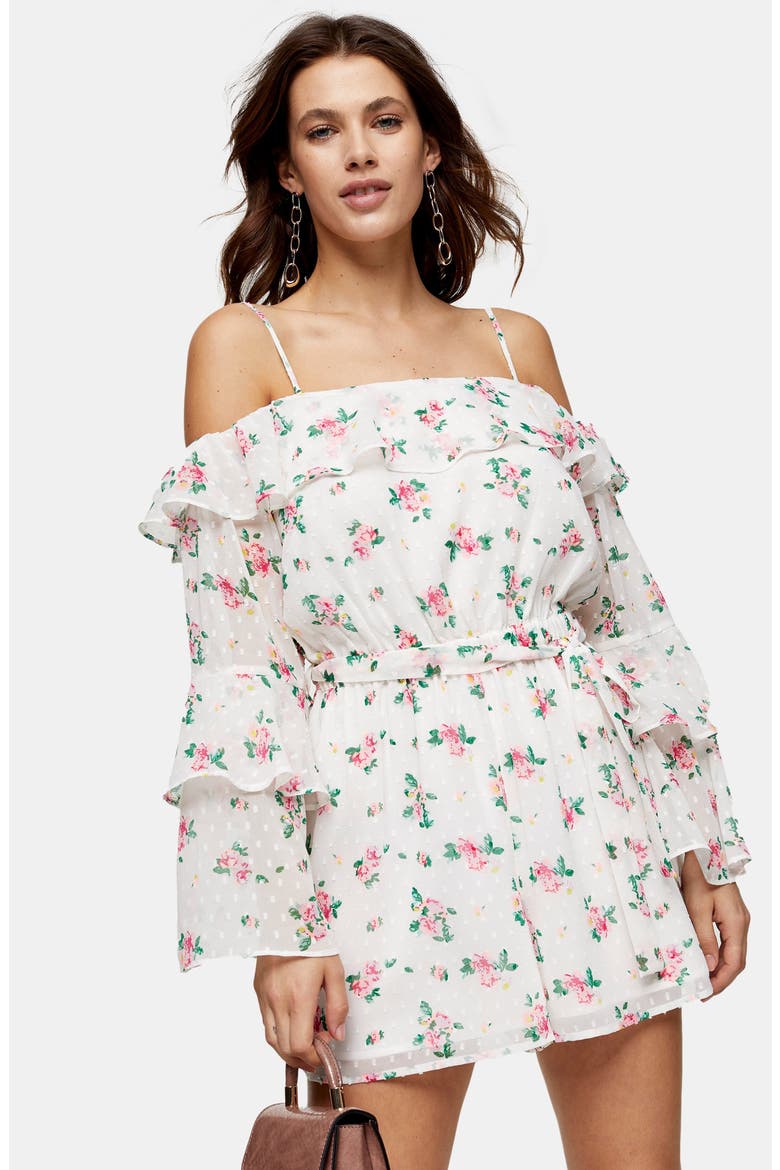 Floral Cold Shoulder Long Sleeve Romper, Alternate, color, WHITE