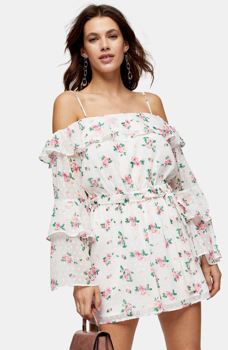 Topshop Floral Cold Shoulder Long Sleeve Romper, Alternate, color, 