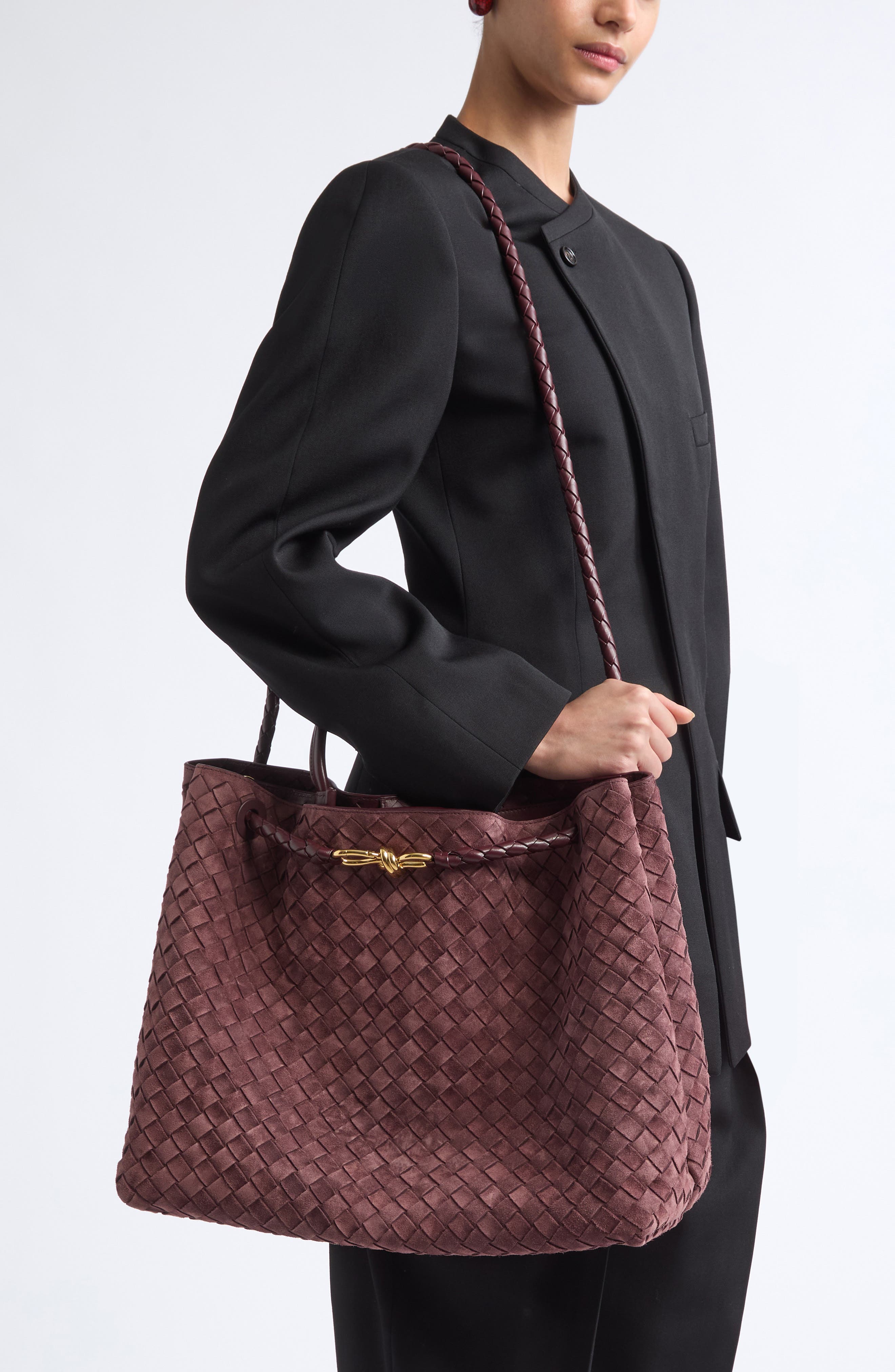 Large Andiamo Intrecciato Suede Shoulder Bag, Alternate, color, 6159 DEEP MAHOGANY-MB-D.M