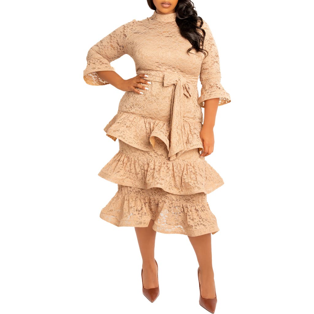 BUXOM COUTURE Tiered Lace Long Sleeve Maxi Dress in Khaki