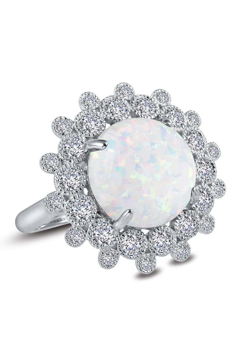 Platinum Plated Sterling Silver Simulated Diamond & Simulated Opal Art Deco Ring, Main, color, SILVER