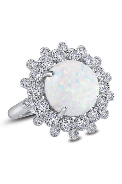 Platinum Plated Sterling Silver Simulated Diamond & Simulated Opal Art Deco Ring