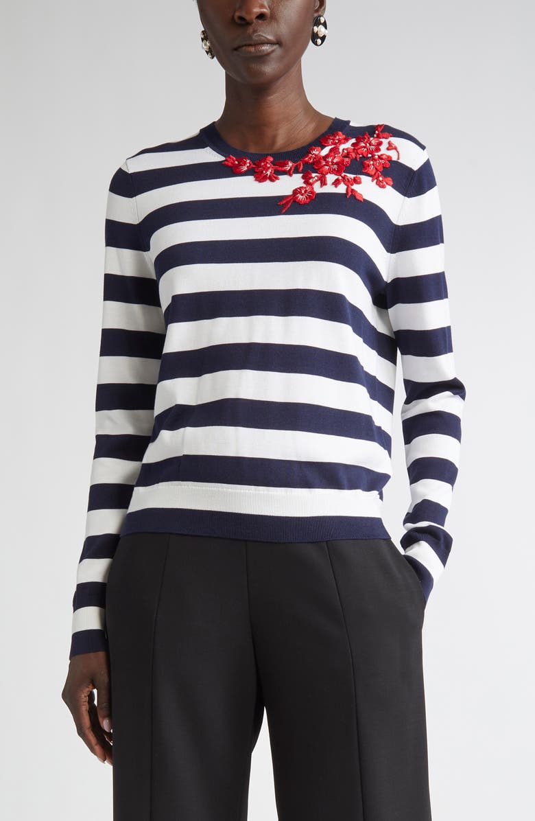 Carolina Herrera Floral Embroidered Stripe Silk & Cotton Sweater, Main, color, Ivory Multi