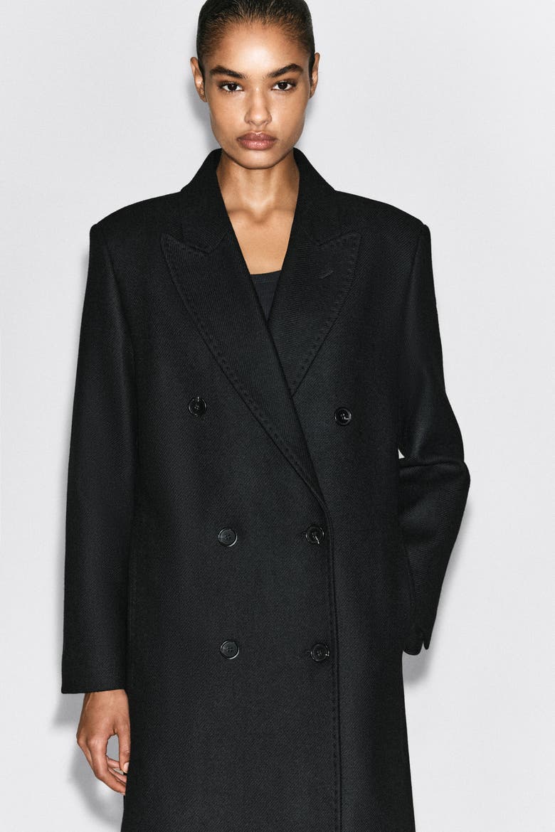 Tailored Wool-Blend Double-Breasted Coat, Alternate, color, BLACK