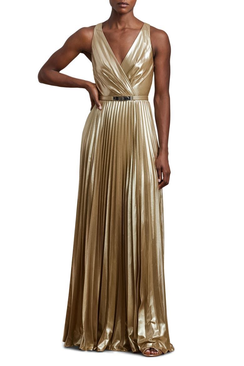 Pleated Metallic Chiffon Gown, Main, color, TAN/ LIGHT GOLD FOIL