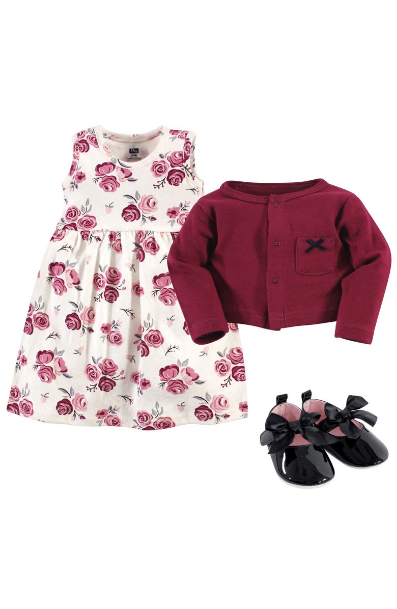 Hudson Baby Cotton Dress, Cardigan and Shoe Set, Alternate, color, Rose