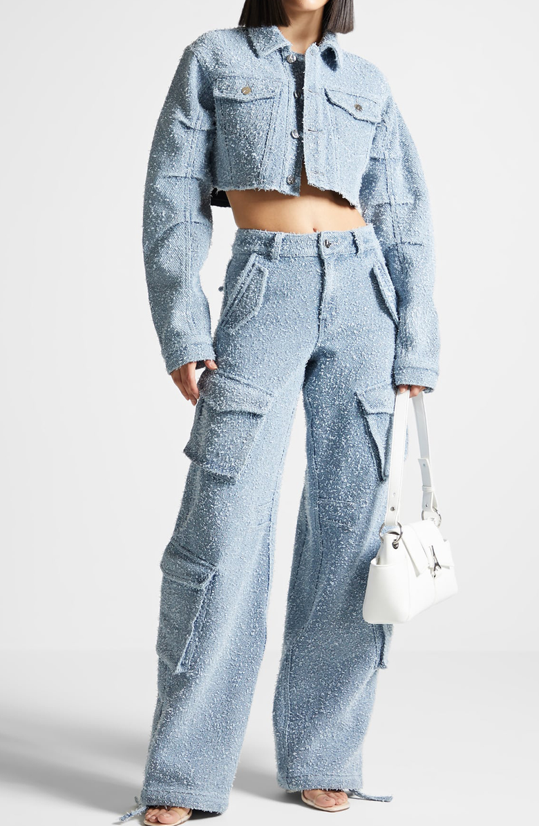 Manière De Voir Catherine Cropped Boucle Denim Jacket, Alternate, color, Mid Blue