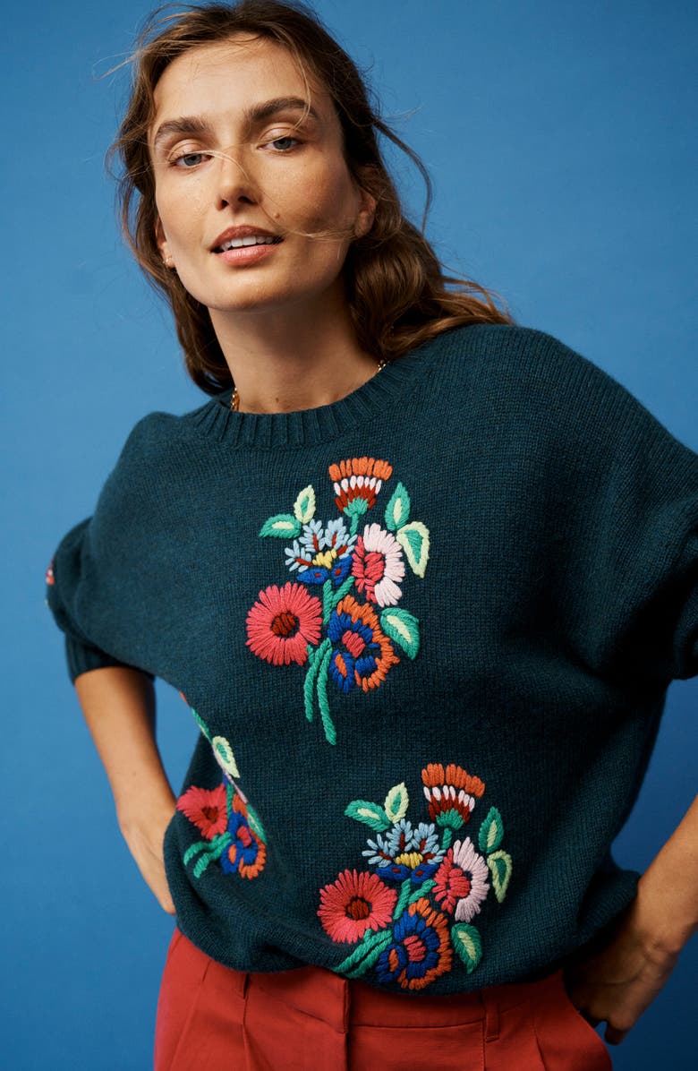 Boden Novelty Embroidered Sweater, Alternate, color, Emerald Night Bouquet