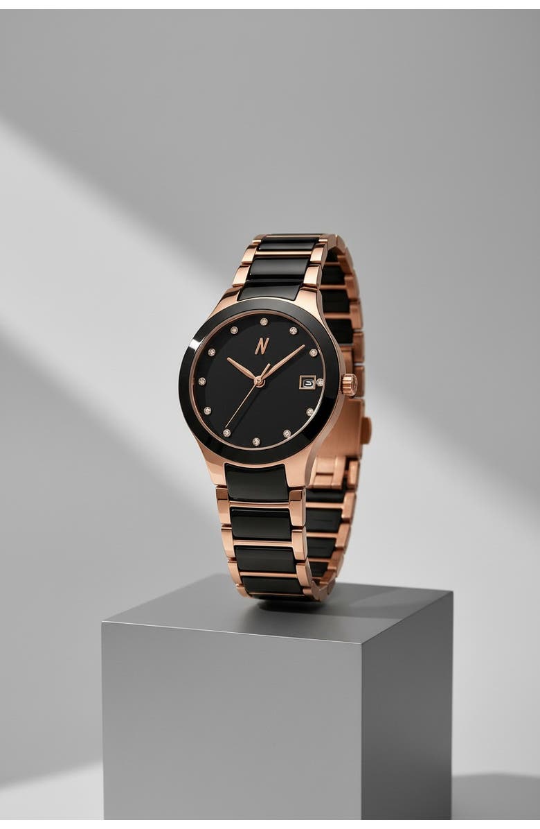 NCMPRBL Petite Link Miracle Ceramic Bracelet Watch, 34MM, Alternate, color, Black/Rose Gold