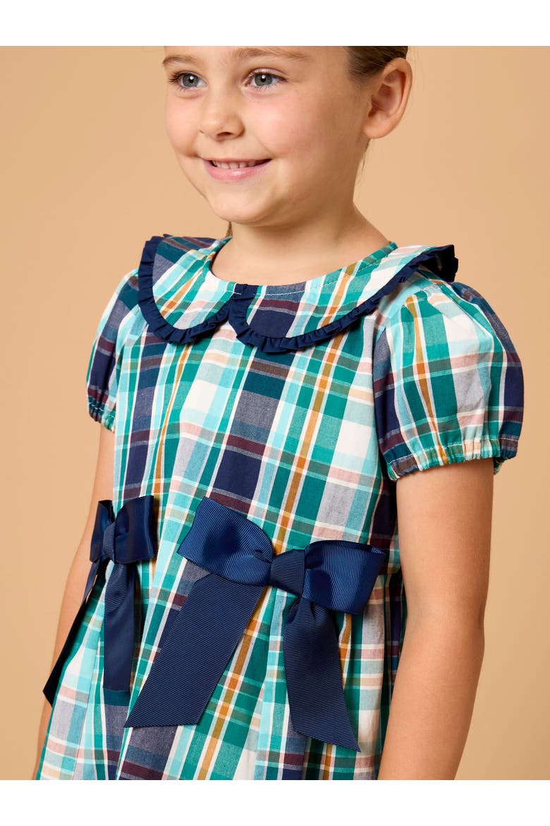 Woven Peter Pan Ruffle Bow Short Sleeve Dress, Alternate, color, Forrest Plaid