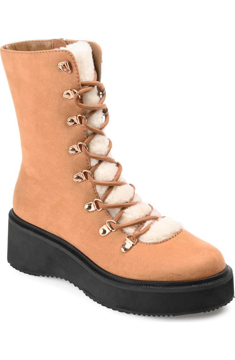 Journee Collection Kannon Faux Fur Trim Bootie, Main, color, Tan