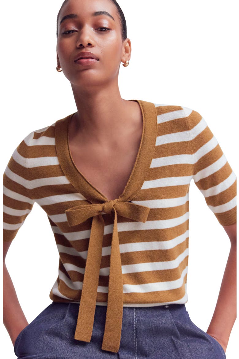 Bow Neck Sweater Knit T-Shirt, Alternate, color, GINGERBREAD, IVORY STRIPE