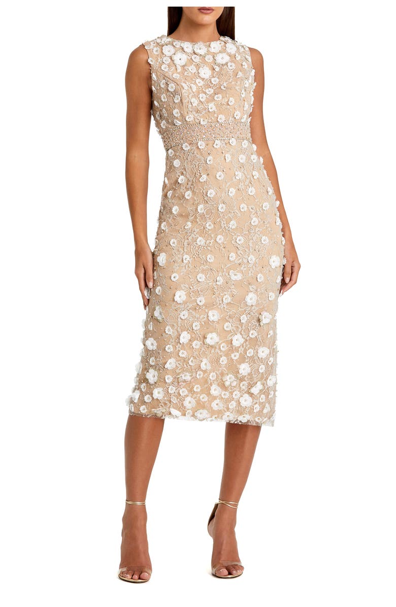 Mac Duggal Petite Floral Applique Sleeveless Midi Dress, Main, color, Ivory Nude