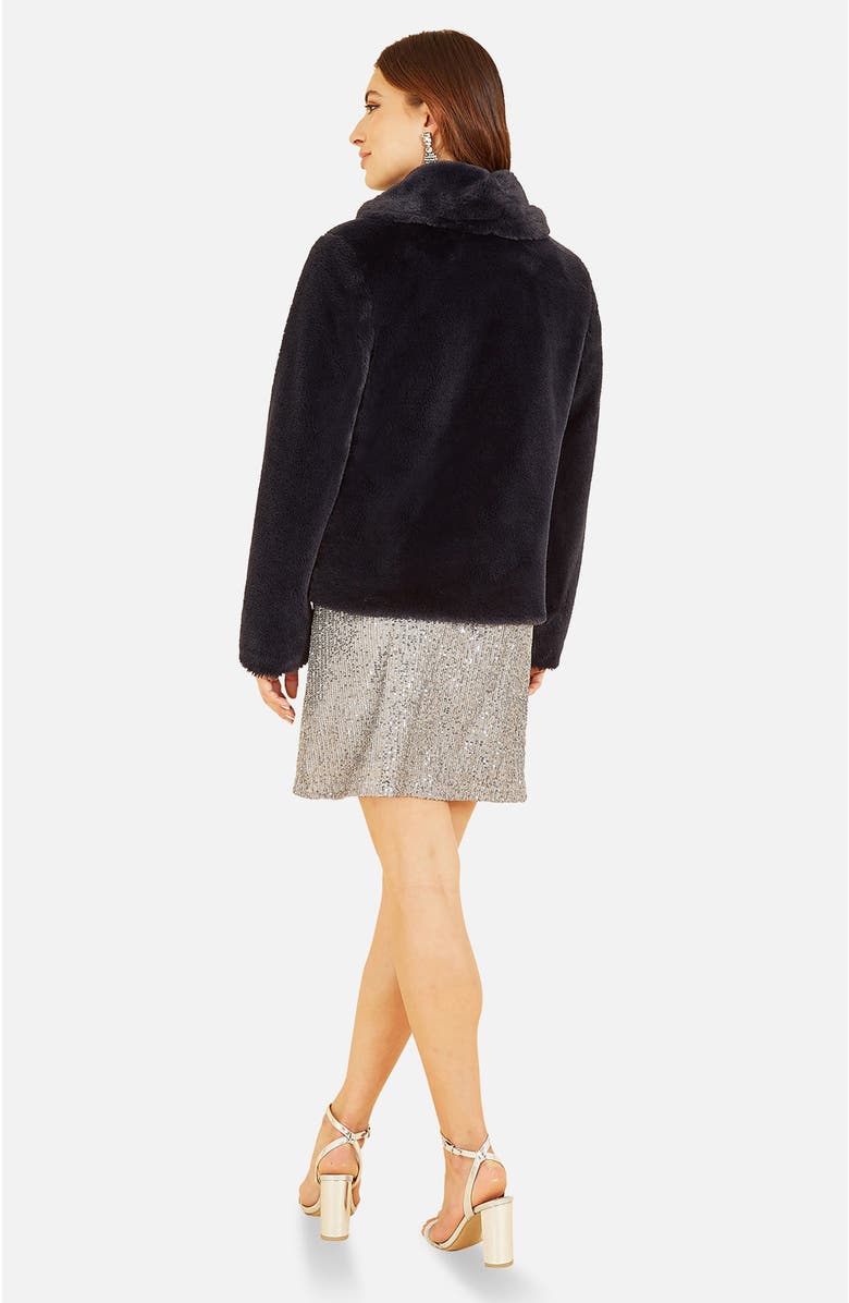 Yumi Short Wrap Faux Fur Coat, Alternate, color, Black