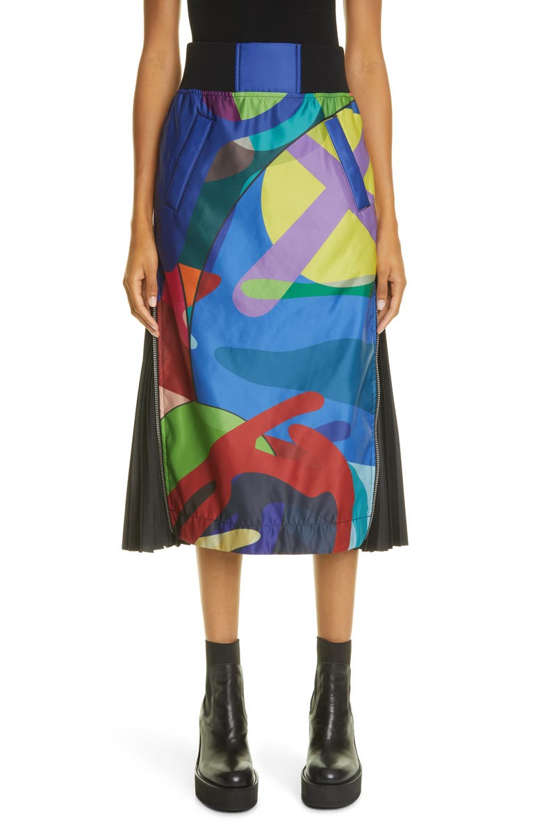 Sacai x KAWS MA-1 Print Side Pleated Skirt, Main, color,
