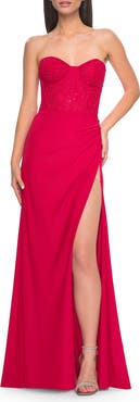 La Femme Lace Bustier Strapless Dress with Ruched Jersey Skirt