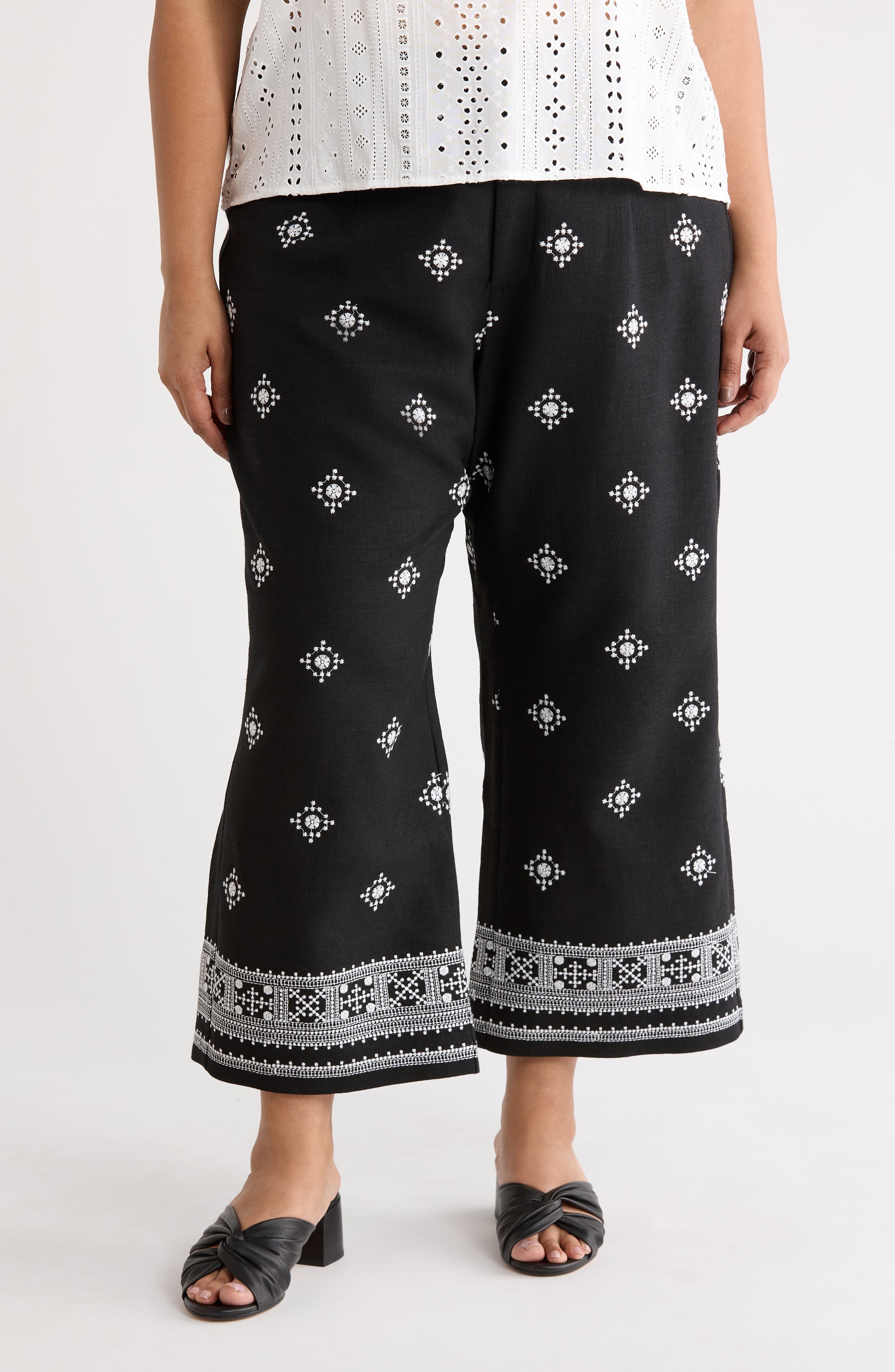 T Tahari Embroidered Border Crop Pants