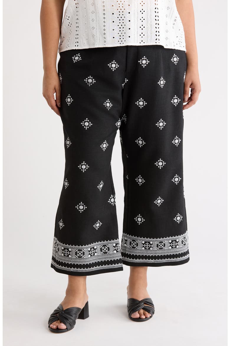 Embroidered Border Crop Pants, Main, color, BLACK/ IVORY