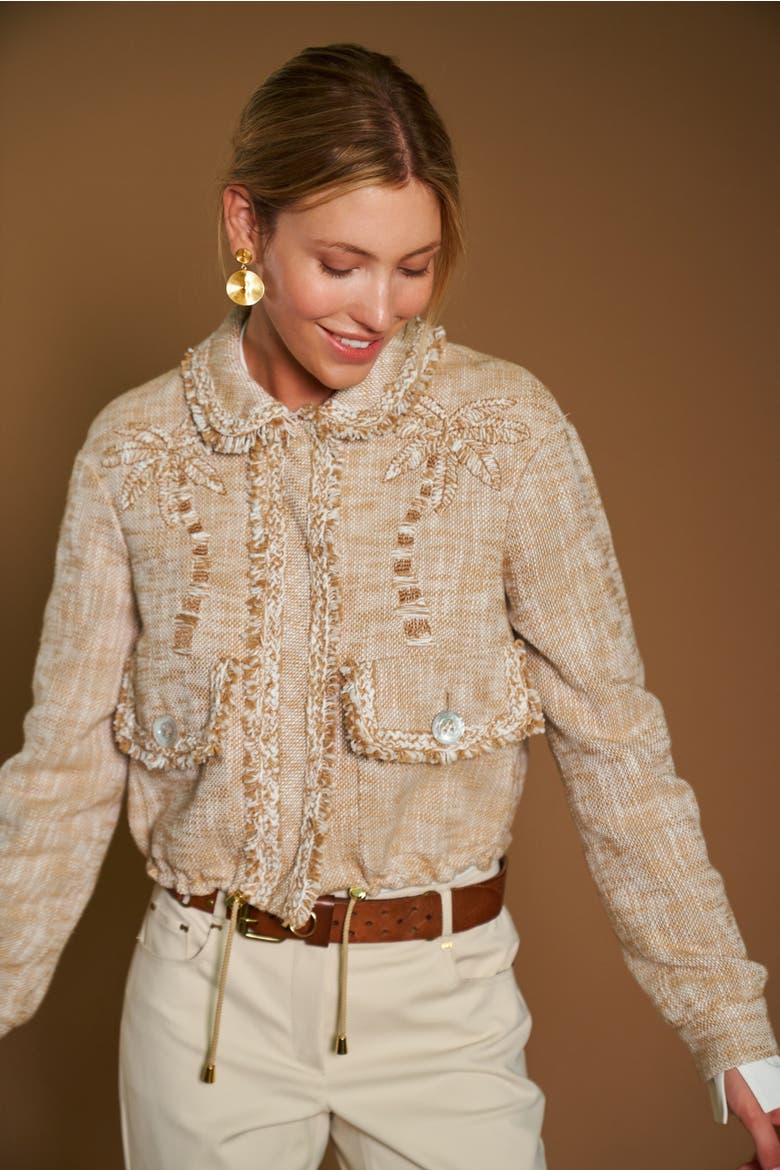 Embroidered Bomber Jacket With Fringes, Alternate, color, Sand