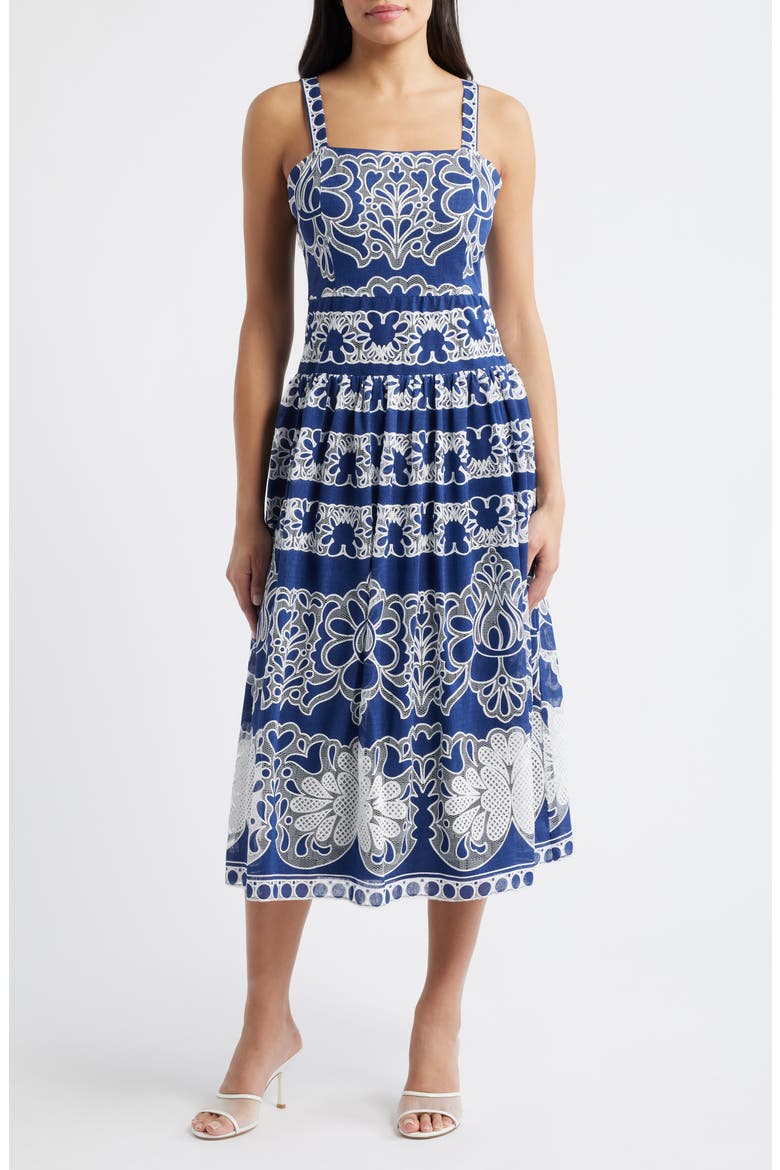 Drop Waist Lace Midi Sundress, Main, color, NAVY MULTI