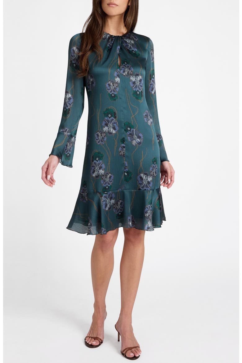 Drake Long Sleeve Printed Shift Dress with Ruffled Skirt, Main, color, Steel Teal