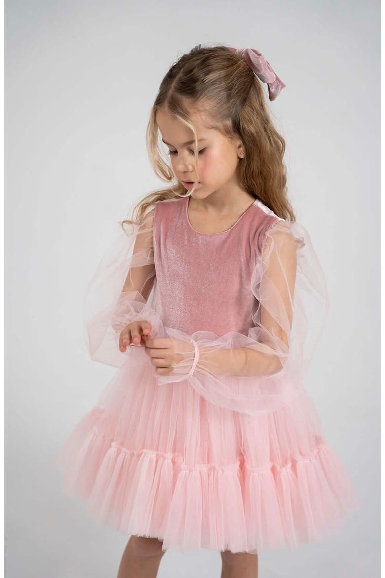 Grace Balloon Sleeve Velvet Tulle Dress, Alternate, color, Pink Rose