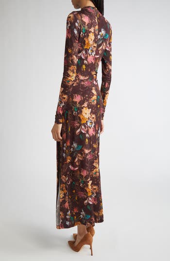 Long Sleeve Floral Draped Front Jersey Maxi Dress
