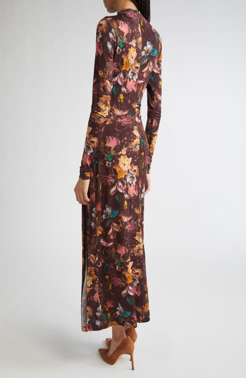 Lela Rose Long Sleeve Floral Draped Front Jersey Maxi Dress In Multi