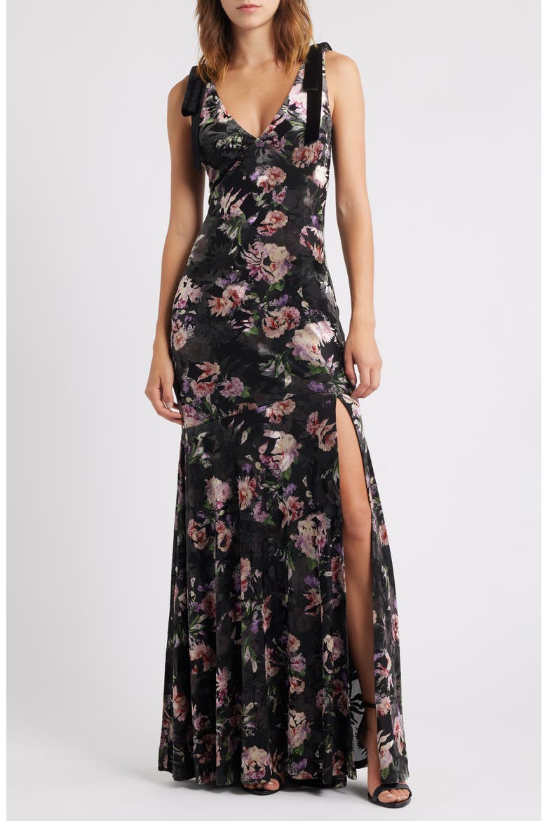 Coraline Velvet Shoulder Sleeveless Gown, Main, color, BLACK FLORAL