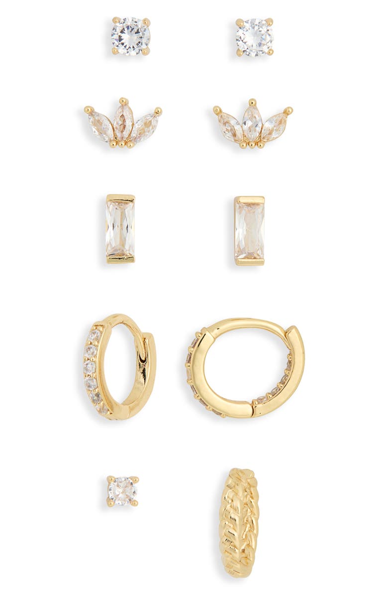 Leith Set of 5 Cubic Zirconia Earrings, Alternate, color, Clear- Gold