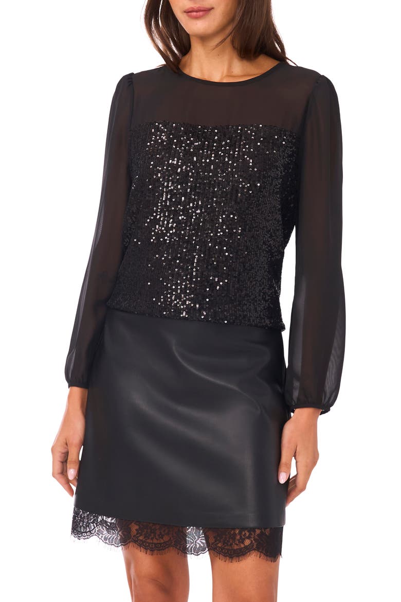 Long Sleeve Sequin & Mesh Top, Main, color, RICH BLACK