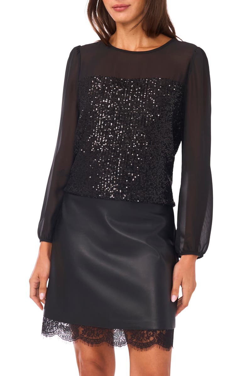 Vince Camuto Long Sleeve Sequin & Mesh Top, Main, color,