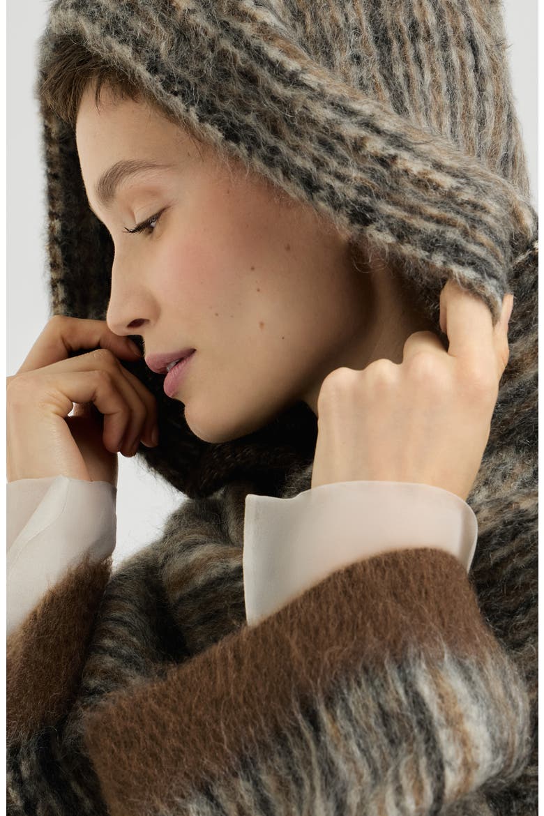 Mohair and wool Prince of Wales double knit coat with scarf, Alternate, color, Brown
