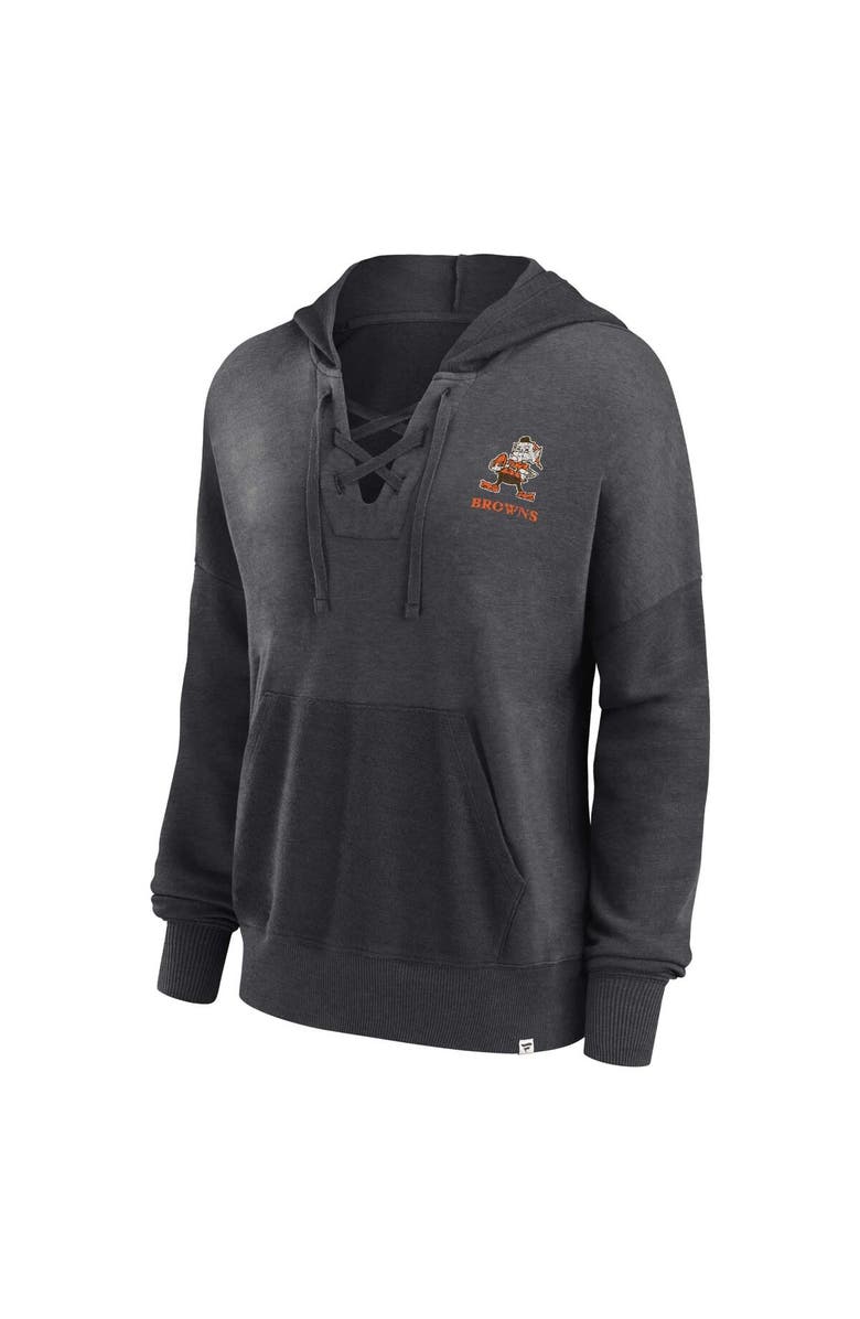 FANATICS Women's Fanatics Branded Heather Charcoal Cleveland Browns Heritage Snow Wash French Terry Lace-Up Pullover Hoodie, Alternate, color, Heather Charcoal
