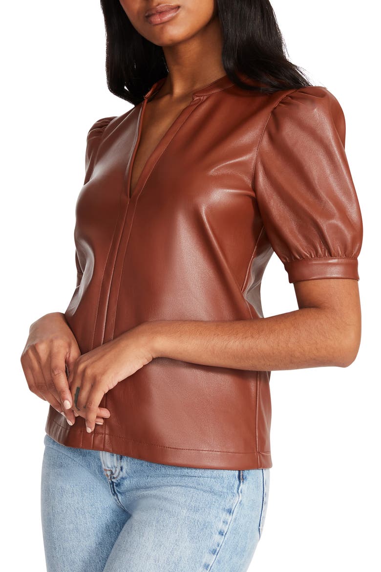 Jane Puff Sleeve Faux Leather Top, Alternate, color, COGNAC