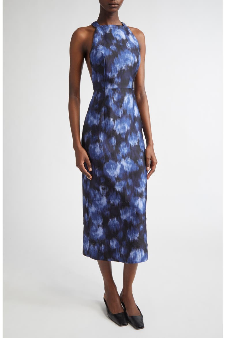 Print Wool & Silk Sheath Midi Dress, Main, color, RIVIERA/BLACK